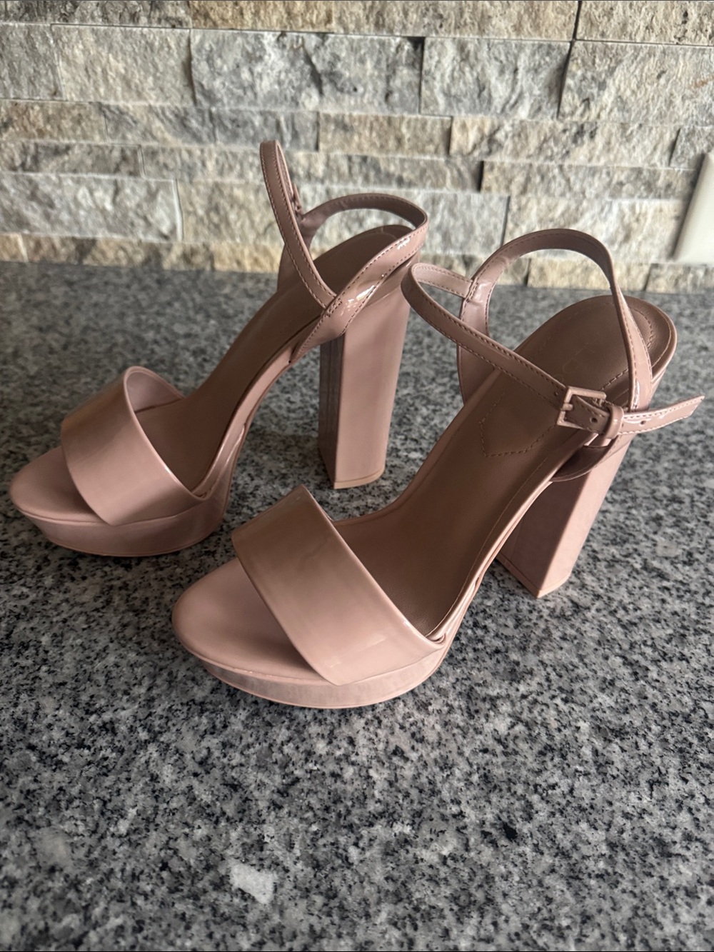 Also Nude Patent Strap Block Heels - Size 7